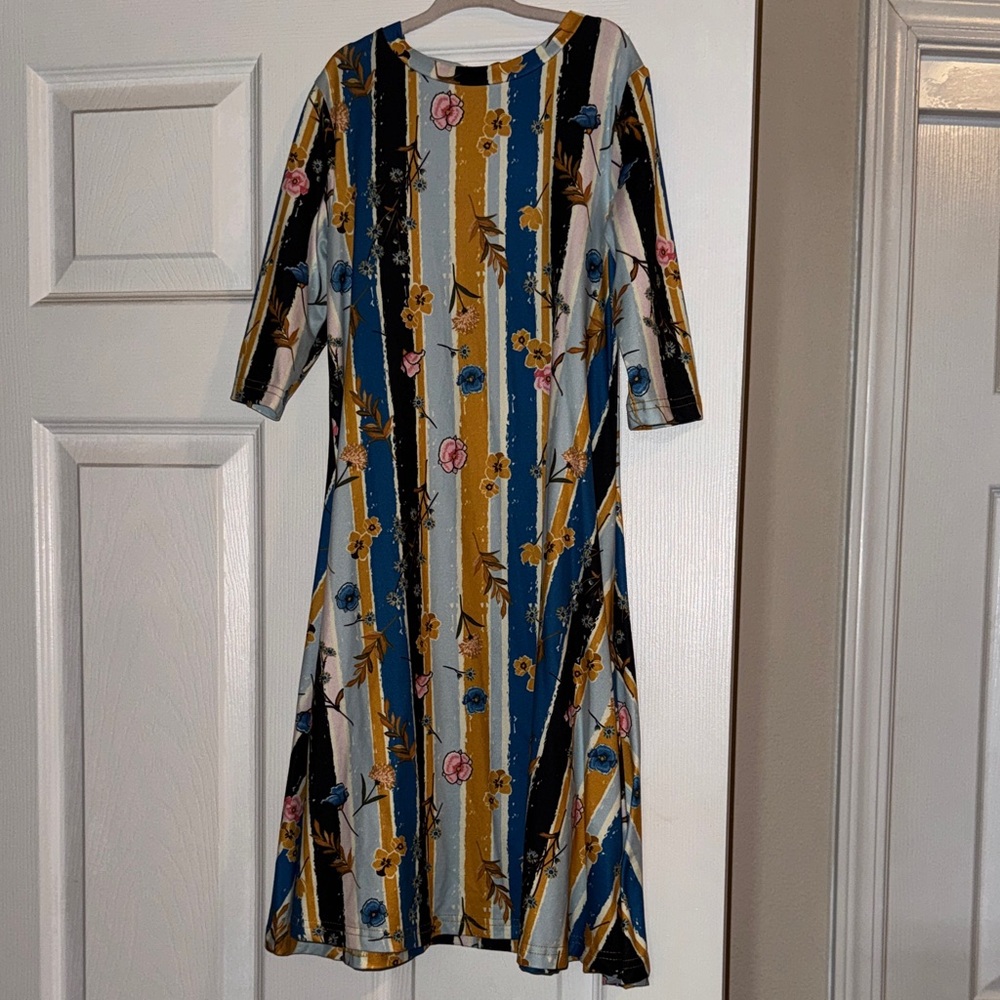 Nuggles Girls' Striped Floral Casual Midi Dress in Blue, Mustard & Black